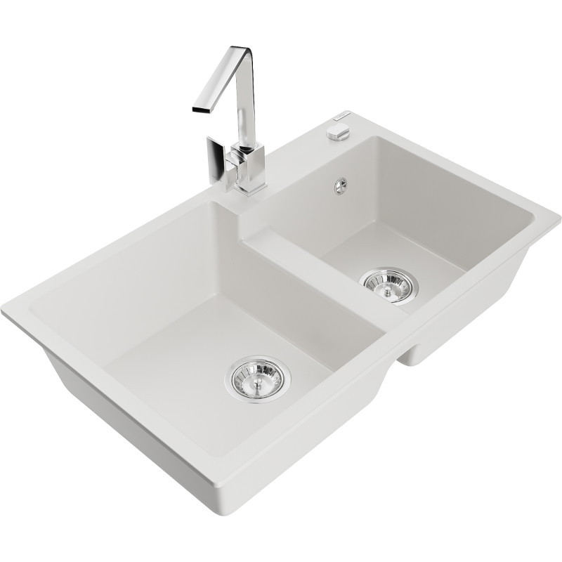 Mexen Tomas chiuvetă de bucătărie din granit cu 2 cuve și baterie de bucătărie Rita, alb - 6516-20-670300-00
