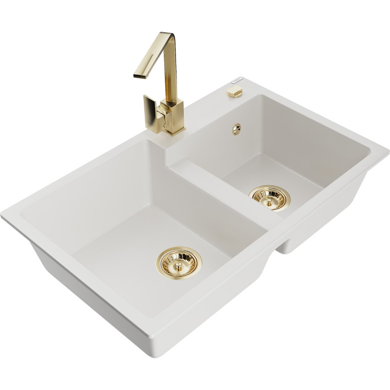 Mexen Tomas chiuvetă dublă de granit cu baterie de bucătărie Rita, alb - 6516-20-670300-50