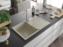 Mexen Bruno chiuvetă granit 1-cuvă cu scurgător și baterie de bucătărie Telma, bej - 6513-69-670200-00