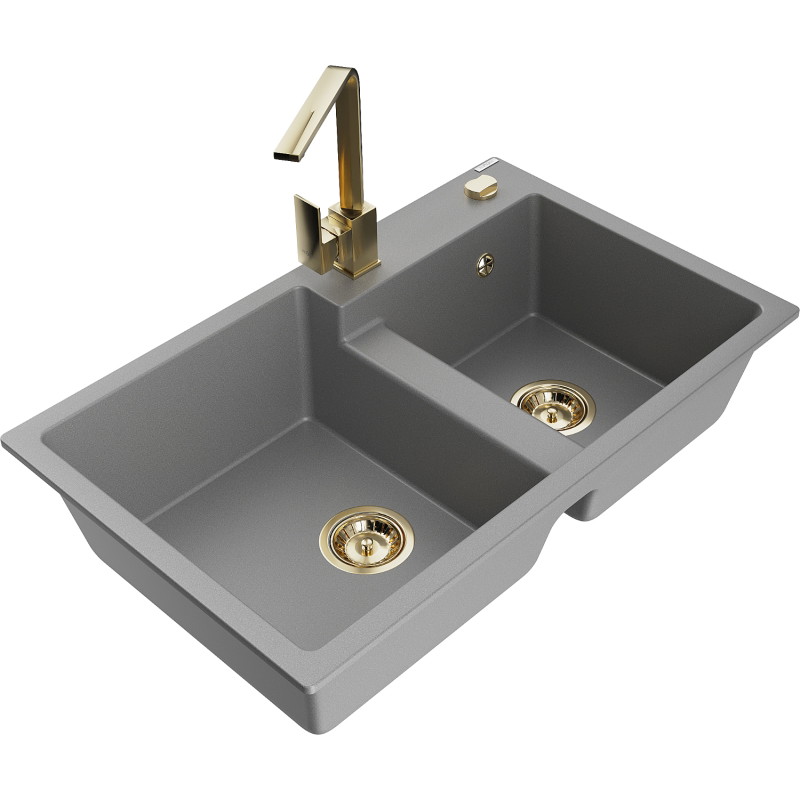 Mexen Tomas chiuvetă granit 2-camere cu baterie de bucătărie Rita, gri - 6516-71-670300-50