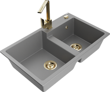 Mexen Tomas chiuvetă de bucătărie din granit cu 2 compartimente și baterie Rita, gri - 6516-71-670300-50