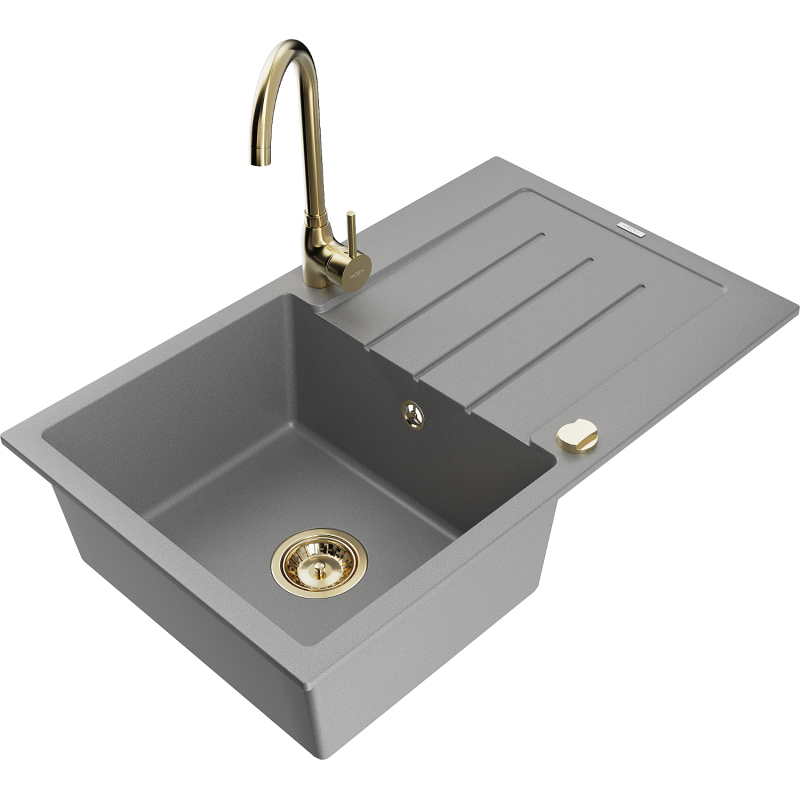 Mexen Bruno chiuvetă de granit cu o cuvă și scurgător și baterie de bucătărie Telma, gri - 6513-71-670200-50