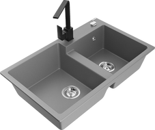 Mexen Tomas chiuvetă de bucătărie din granit cu 2 compartimente și baterie Rita, gri - 6516-71-670300-70