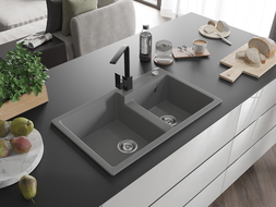 Mexen Tomas gránit mosogató, 2 rekeszes, Rita konyhai csappal, szürke - 6516-71-670300-70