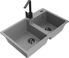 Mexen Tomas chiuvetă de bucătărie din granit cu 2 compartimente și baterie Rita, gri - 6516-71-670300-70-B