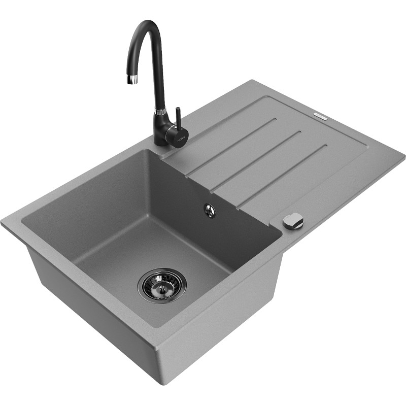 Mexen Bruno chiuvetă de granit cu 1 cuvă, scurgător și baterie de bucătărie Telma, gri - 6513-71-670200-70-B