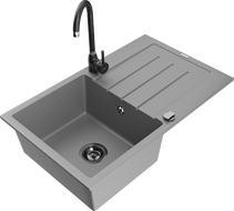 Mexen Bruno gránit mosogatótálca, 1 rekeszes, csepptálcával és Telma konyhai csapteleppel, szürke - 6513-71-670200-70-B