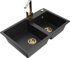 Mexen Tomas chiuvetă bucătărie granit 2 compartimente cu baterie de bucătărie Rita, negru/metalic argintiu - 6516-73-670300-50