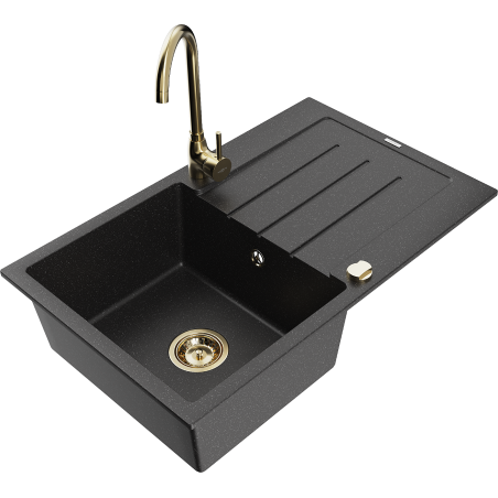 Chiuvetă din granit Mexen Bruno cu o singură cuvă și scurgător și baterie de bucătărie Telma, negru/argintiu - 6513-73-670200-50