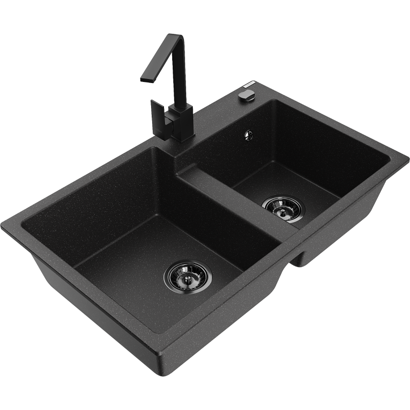 Mexen Tomas dupla medencés gránit mosogató Rita konyhai csapteleppel, fekete/ezüst metál - 6516-73-670300-70-B