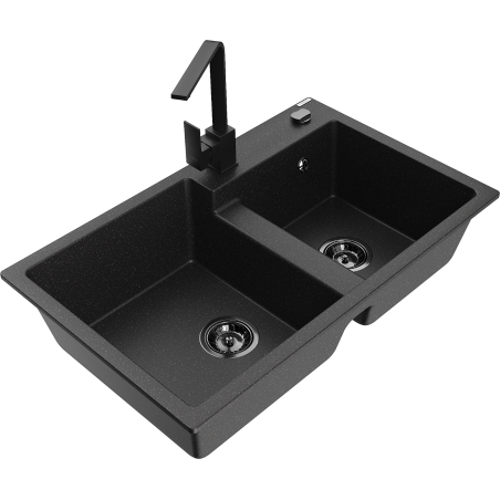 Mexen Tomas dupla medencés gránit mosogató Rita konyhai csapteleppel, fekete/ezüst metál - 6516-73-670300-70-B