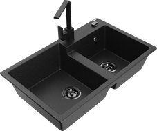 Mexen Tomas chiuvetă de granit cu 2 compartimente și baterie de bucătărie Rita, negru/argintiu metalic - 6516-73-670300-70-B