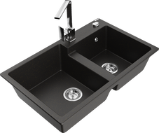 Mexen Tomas gránit kétmedencés mosogató Rita konyhai csappal, fekete/arany metál - 6516-75-670300-00