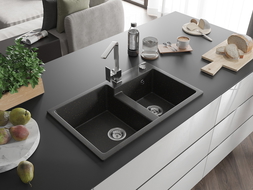 Mexen Tomas gránit kétmedencés mosogató Rita konyhai csappal, fekete/arany metál - 6516-75-670300-00