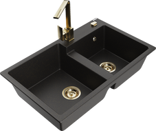 Mexen Tomas gránit kétmedencés mosogató Rita konyhai csapteleppel, fekete/arány metál - 6516-75-670300-50
