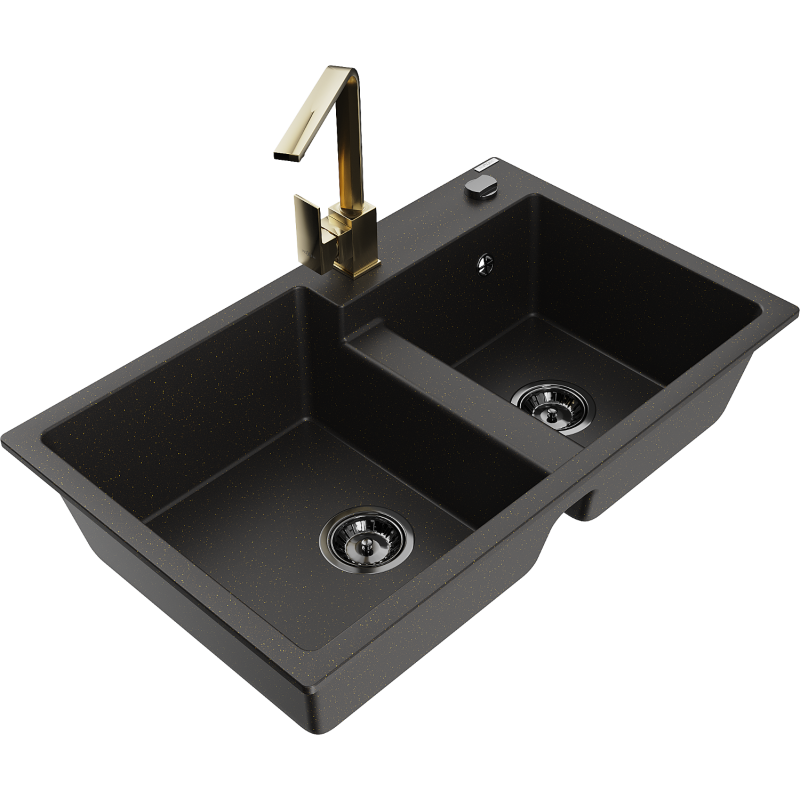 Mexen Tomas 2 rekeszes gránit mosogató konyhai csappal Rita, fekete/arany metál - 6516-75-670300-50-B