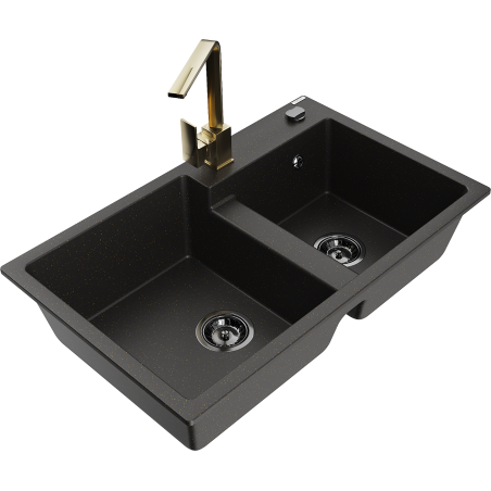 Mexen Tomas 2 rekeszes gránit mosogató konyhai csappal Rita, fekete/arany metál - 6516-75-670300-50-B