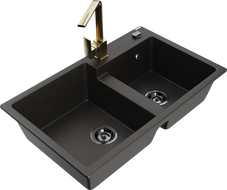 Mexen Tomas 2 rekeszes gránit mosogató konyhai csappal Rita, fekete/arany metál - 6516-75-670300-50-B