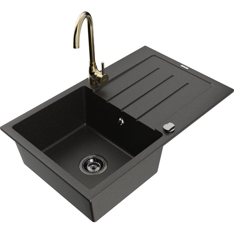 Chiuvetă granit Mexen Bruno cu o cuvă, picurător și baterie Telma, negru/auriu - 6513-75-670200-50-B
