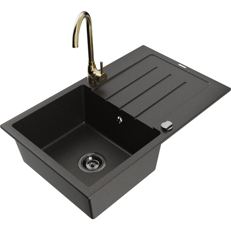 Chiuvetă granit Mexen Bruno cu o cuvă, picurător și baterie Telma, negru/auriu - 6513-75-670200-50-B