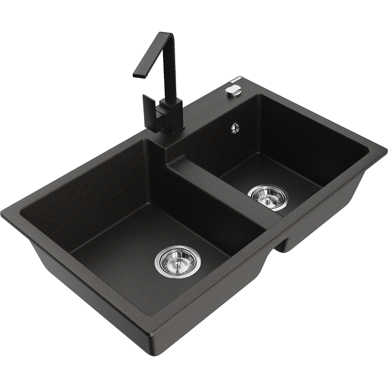 Mexen Tomas gránit mosogató 2 rekeszes Rita konyhai csapteleppel, fekete/arany metál - 6516-75-670300-70