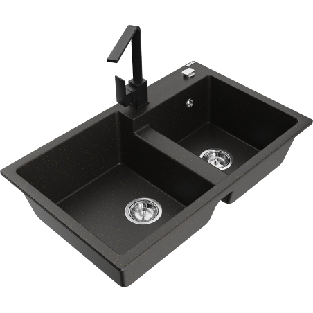 Mexen Tomas gránit mosogató 2 rekeszes Rita konyhai csapteleppel, fekete/arany metál - 6516-75-670300-70