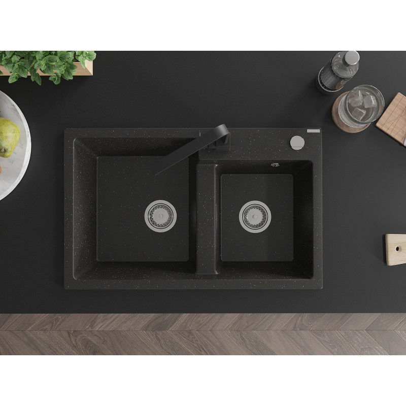 Mexen Tomas gránit mosogató 2 rekeszes Rita konyhai csapteleppel, fekete/arany metál - 6516-75-670300-70