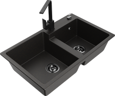 Mexen Tomas gránit mosogató 2-medencés konyhai csapteleppel Rita, fekete/arany metál - 6516-75-670300-70-B