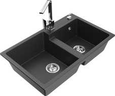 Mexen Tomas chiuvetă de bucătărie din granit cu 2 compartimente și baterie de bucătărie Rita, negru stropit - 6516-76-670300-00