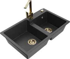 Mexen Tomas gránit 2-medencés mosogató Rita konyhai csapteleppel, fekete pöttyös - 6516-76-670300-50