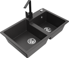 Mexen Tomas chiuvetă de granit cu 2 cuve și baterie de bucătărie Rita, negru pătat - 6516-76-670300-70