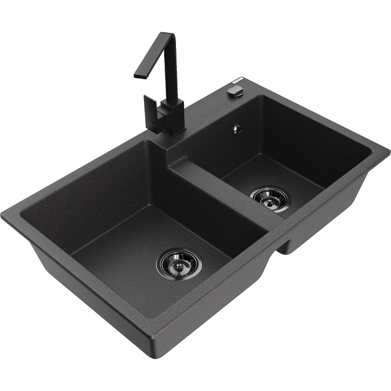 Mexen Tomas chiuvetă de granit cu 2 cuve cu baterie de bucătărie Rita, negru pătat - 6516-76-670300-70-B