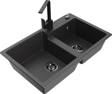 Mexen Tomas kétkamrás gránit mosogató Rita konyhai csapteleppel, fekete pöttyös - 6516-76-670300-70-B