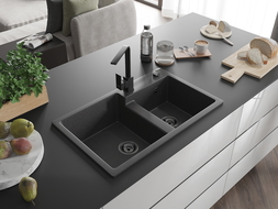 Mexen Tomas chiuvetă de bucătărie din granit cu 2 cuve și baterie de bucătărie Rita, negru stropit - 6516-76-670300-70-B