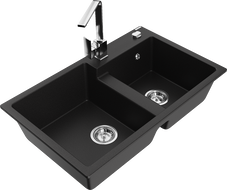 Mexen Tomas chiuvetă de bucătărie din granit cu 2 compartimente și baterie de bucătărie Rita, negru - 6516-77-670300-00