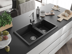 Mexen Tomas chiuvetă de bucătărie din granit cu 2 compartimente și baterie de bucătărie Rita, negru - 6516-77-670300-00