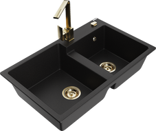 Mexen Tomas gránit mosogató 2 medencés Rita konyhai csapteleppel, fekete - 6516-77-670300-50