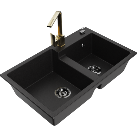 Mexen Tomas gránit 2-medencés mosogató Rita konyhai csapteleppel, fekete - 6516-77-670300-50-B