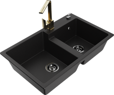 Mexen Tomas chiuvetă de bucătărie din granit cu 2 compartimente și baterie Rita, negru - 6516-77-670300-50-B