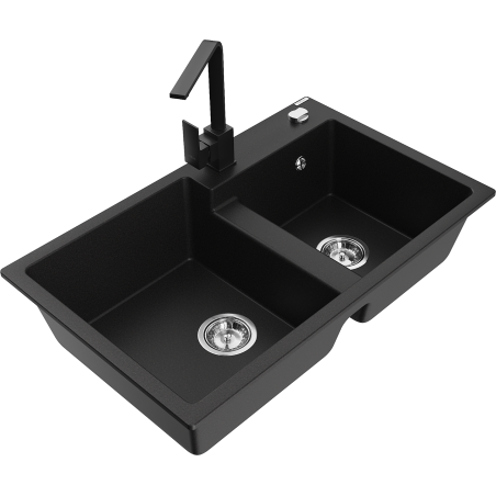 Mexen Tomas gránit mosogató 2 rekeszes konyhai csapteleppel Rita, fekete - 6516-77-670300-70