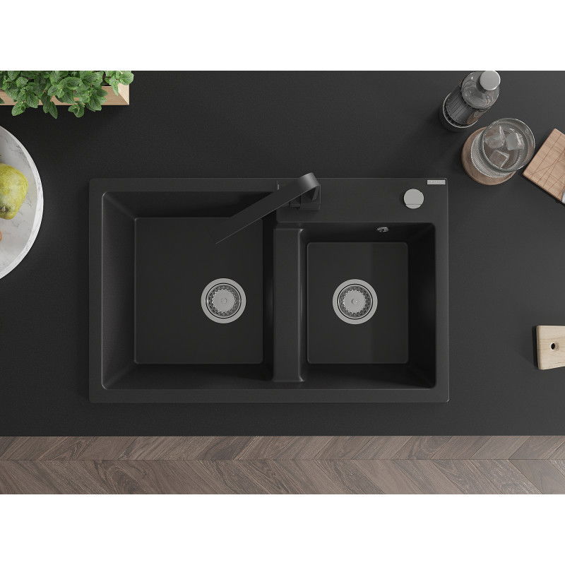 Mexen Tomas gránit mosogató 2 rekeszes konyhai csapteleppel Rita, fekete - 6516-77-670300-70