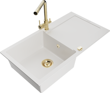 Mexen Leo gránit mosogató egykamrás, csepegtetővel és Duero konyhai csappal, fehér - 6501-20-671600-50