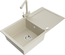 Mexen Leo chiuvetă de granit cu 1 compartiment cu picurător și baterie de bucătărie Duero, bej- 6501-69-671600-69