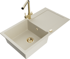 Mexen Leo gránit mosogató 1-medencés csepegtetővel és Duero konyhai csapteleppel, bézs - 6501-69-671600-50