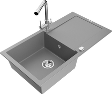 Mexen Leo chiuvetă de granit cu o cameră și scurgător și baterie de bucătărie Duero, gri - 6501-71-671600-00