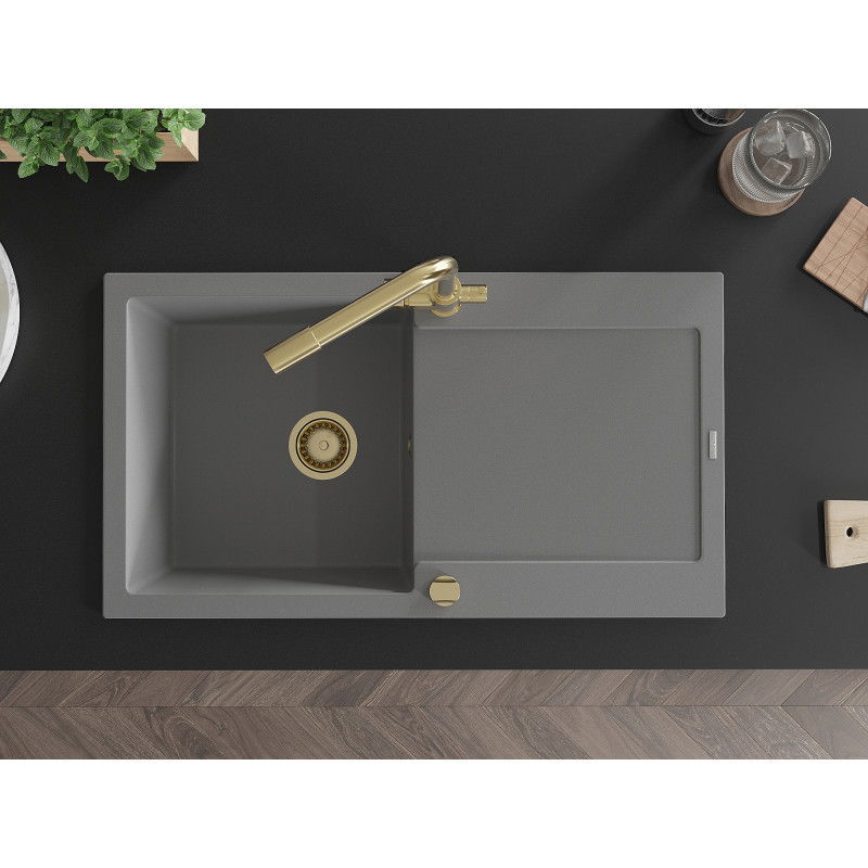 Mexen Leo gránit mosogató 1-medencés csepegtetővel és Duero konyhai csapteleppel, szürke - 6501-71-671600-50