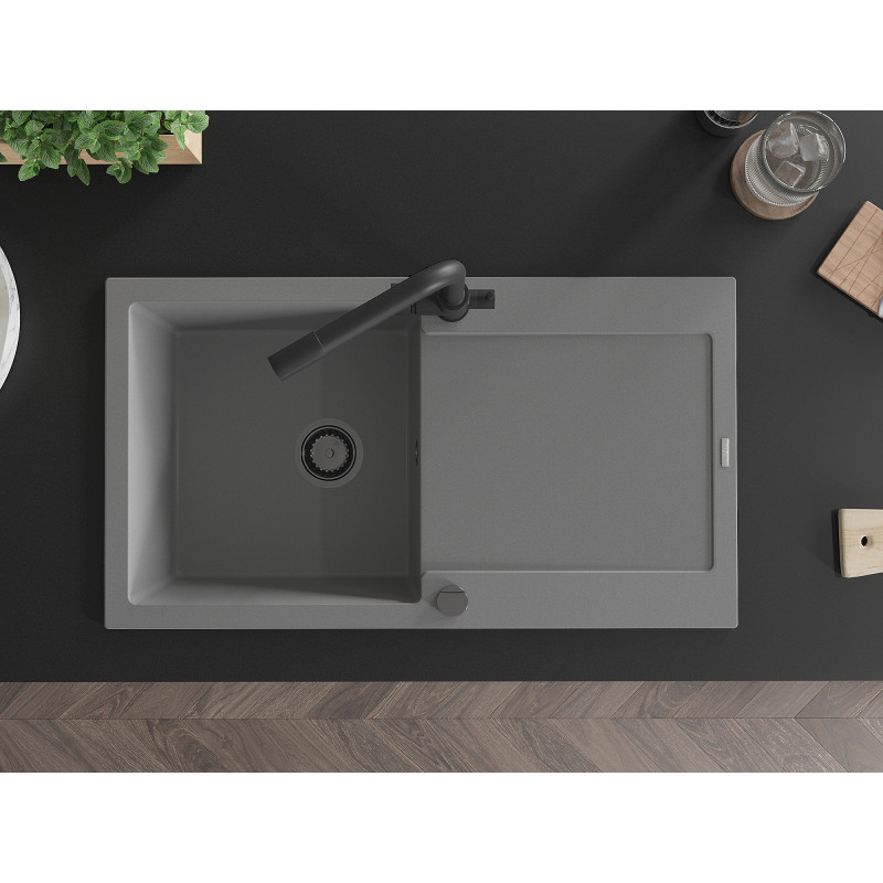 Mexen Leo gránit mosogató 1-medencés csepegtetővel és konyhai csapteleppel Duero, szürke - 6501-71-671600-70-B