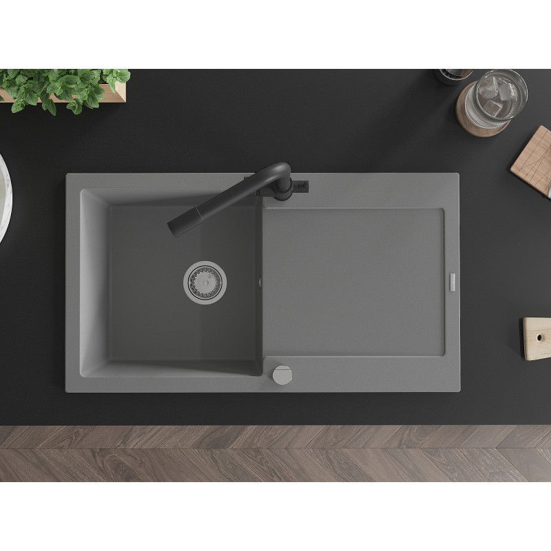 Mexen Leo egymedencés gránit mosogató csepegtetőtálcával és Duero konyhai csapteleppel, szürke - 6501-71-671600-70