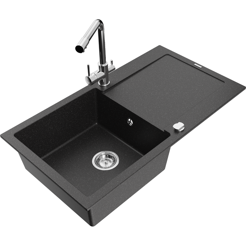 Mexen Leo chiuvetă de bucătărie din granit cu o singură cuvă cu scurgător și baterie Duero, negru/argintiu metalic
