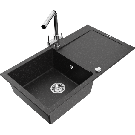 Mexen Leo chiuvetă de bucătărie din granit cu o singură cuvă cu scurgător și baterie Duero, negru/argintiu metalic